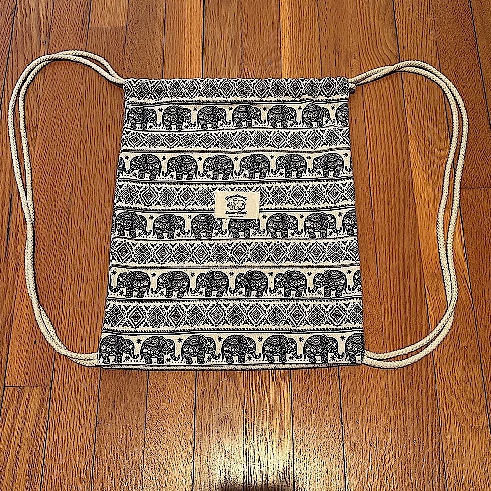 Handmade tum-thai canvas elephant print backpack with rope shoulder straps